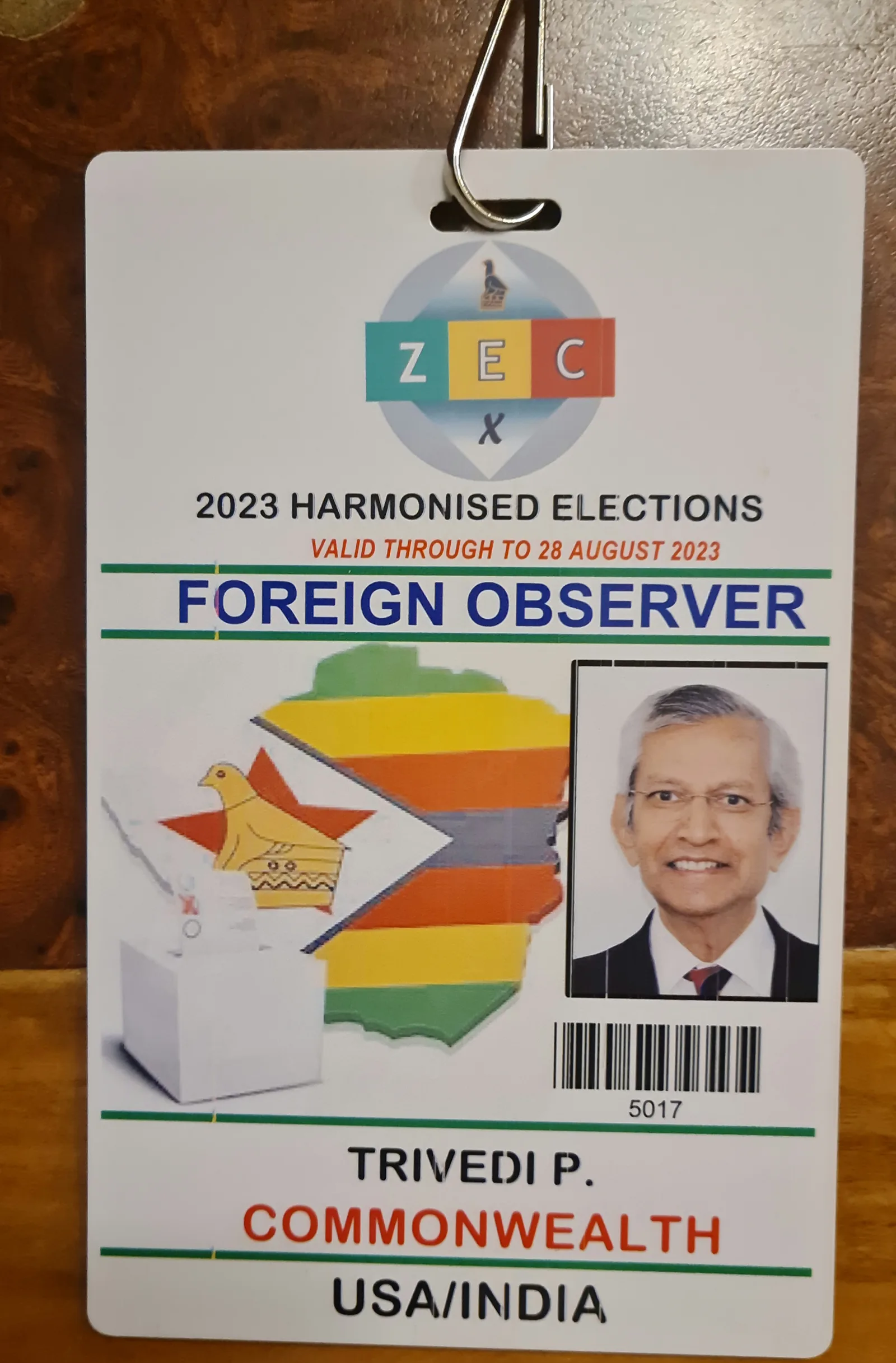 Zimbabwe Electoral Commission Foreign Observer accreditation badge, 2023 Harmonised Elections