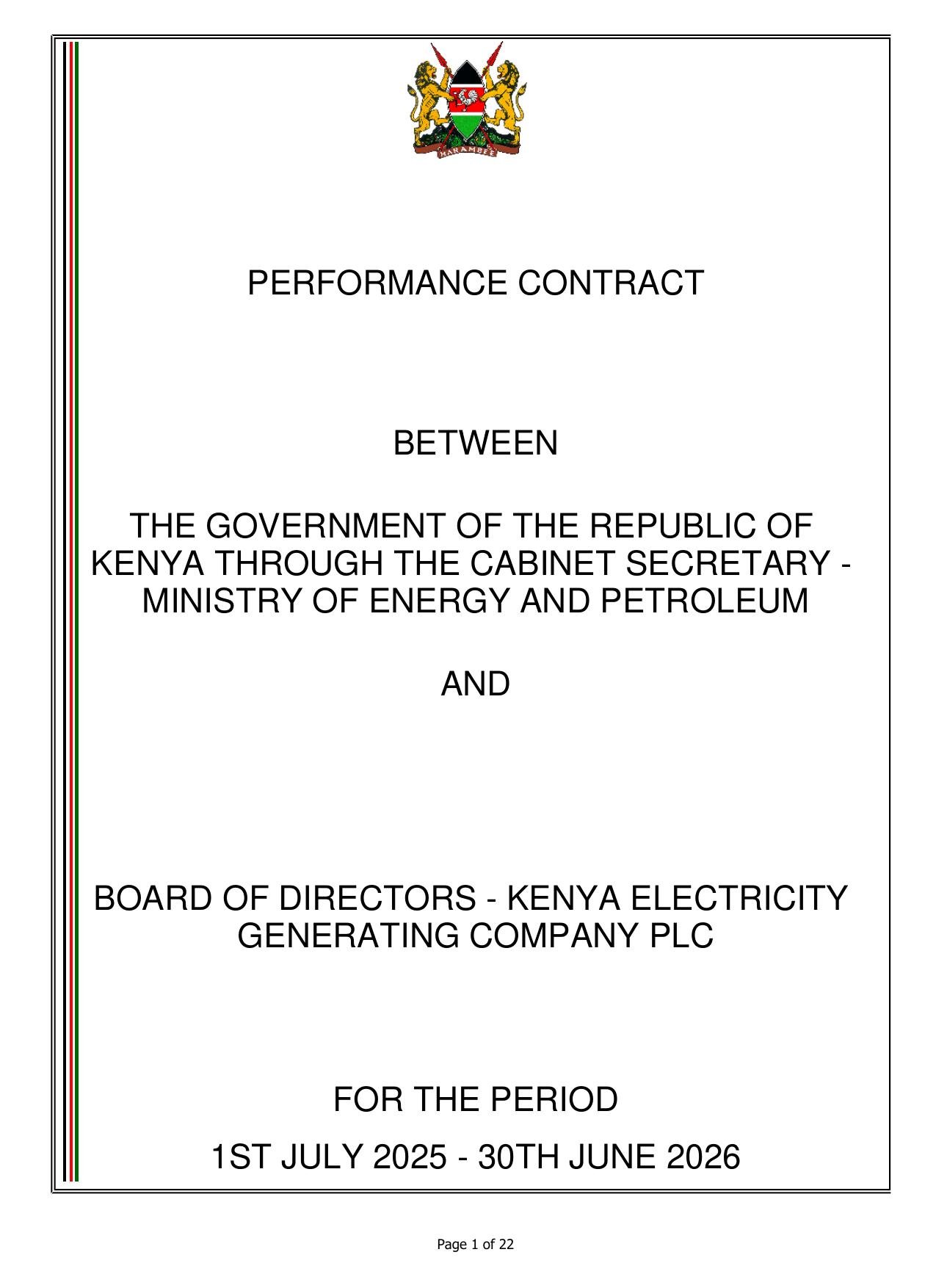 Cover page: Performance Contract, Kenya Electricity Generating Company PLC (KenGen)