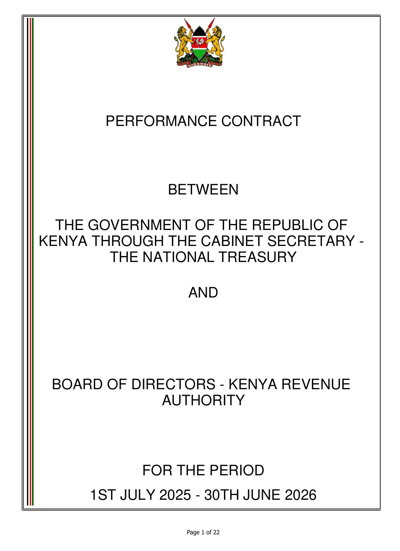 Cover page: Performance Contract, Kenya Revenue Authority (KRA)