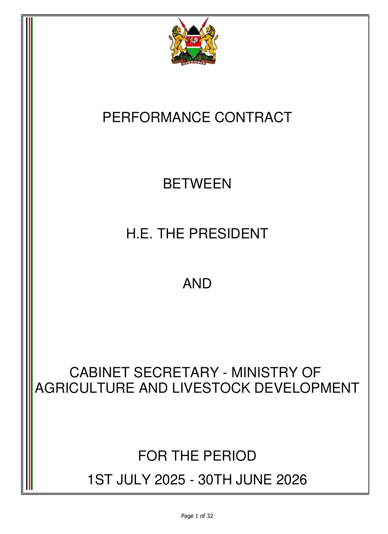 Cover page: Performance Contract, Ministry of Agriculture and Livestock Development, Kenya
