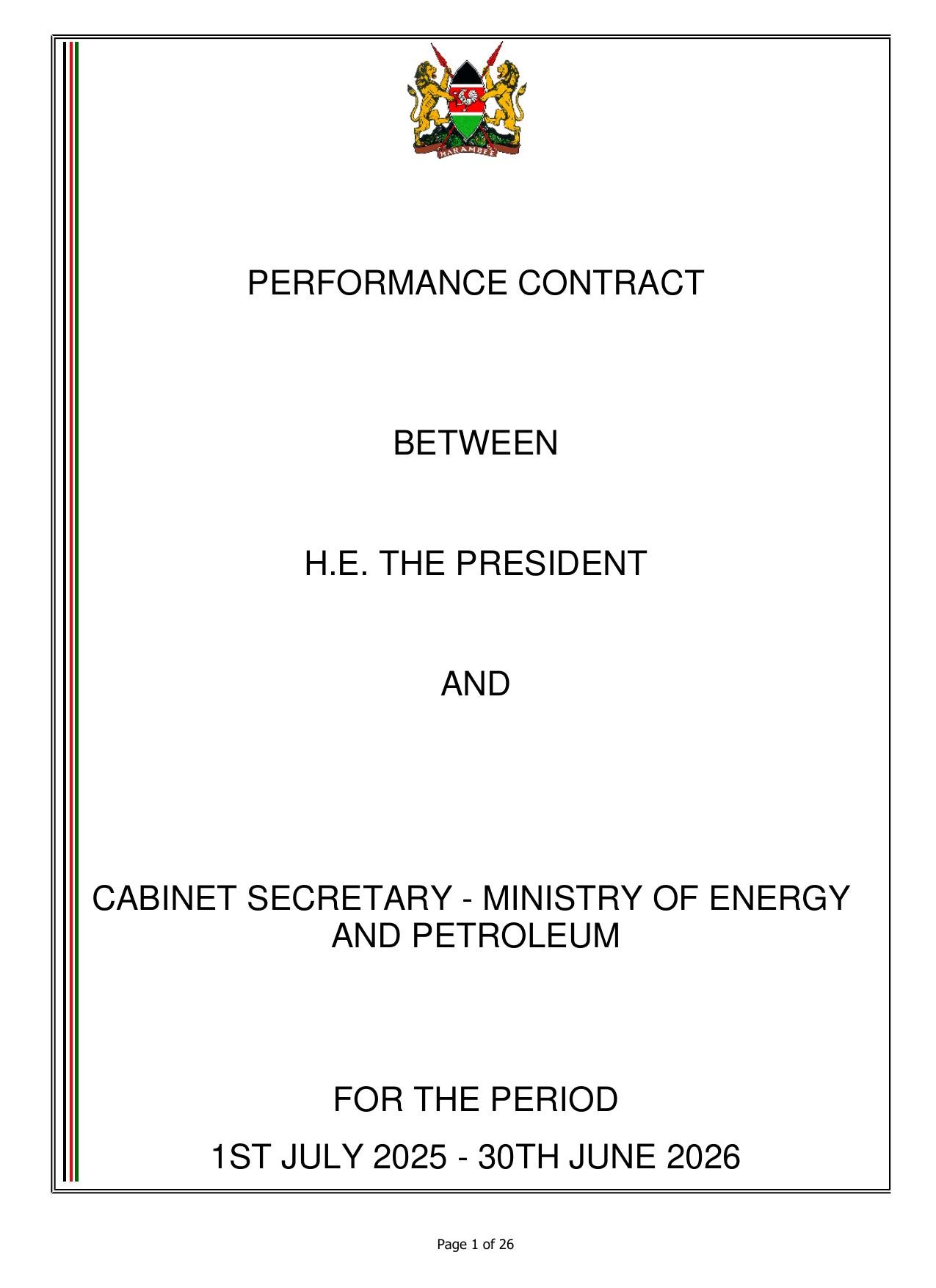 Cover page: Performance Contract, Ministry of Energy and Petroleum, Kenya