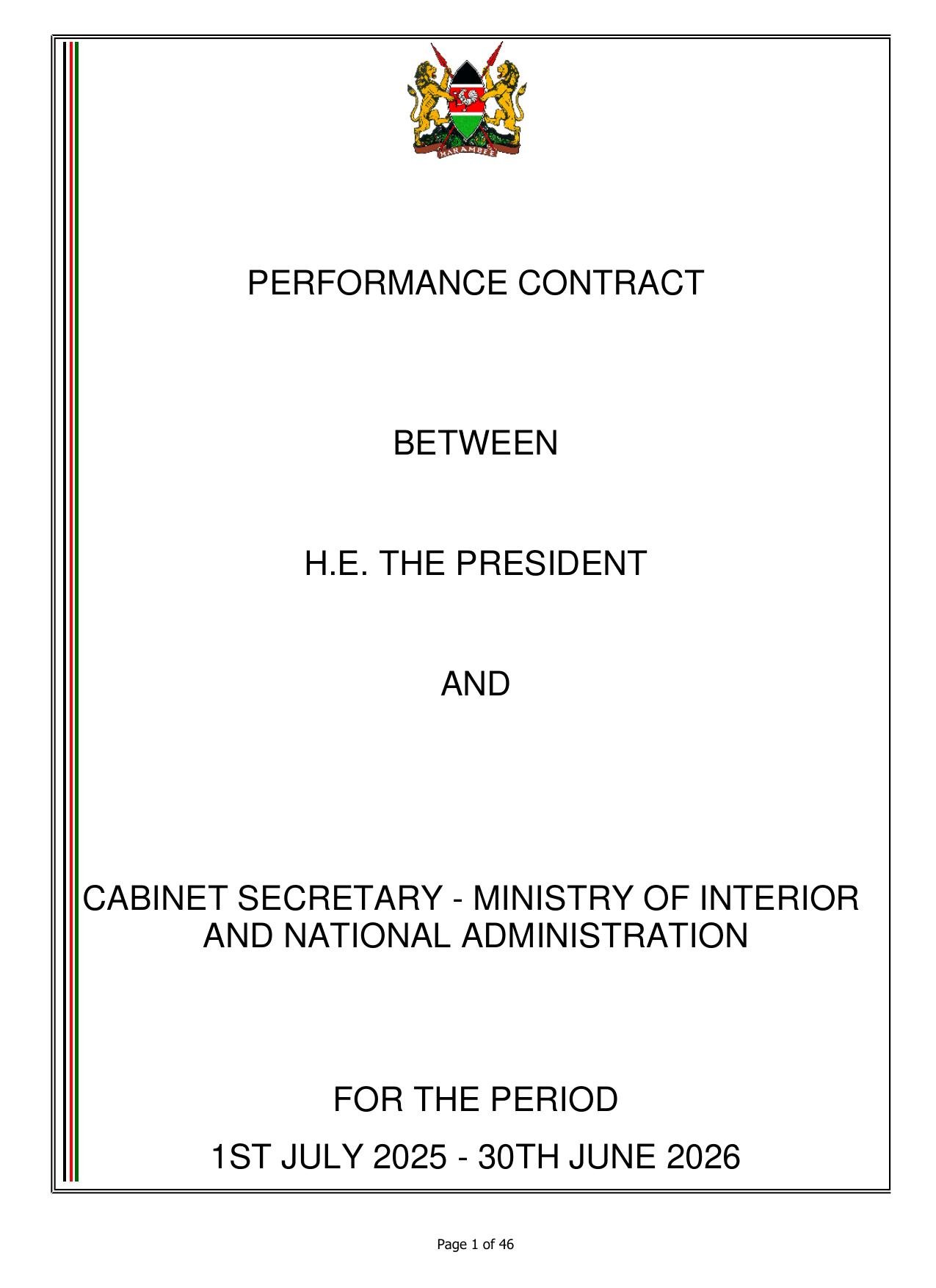 Cover page: Performance Contract, Ministry of Interior and National Administration, Kenya